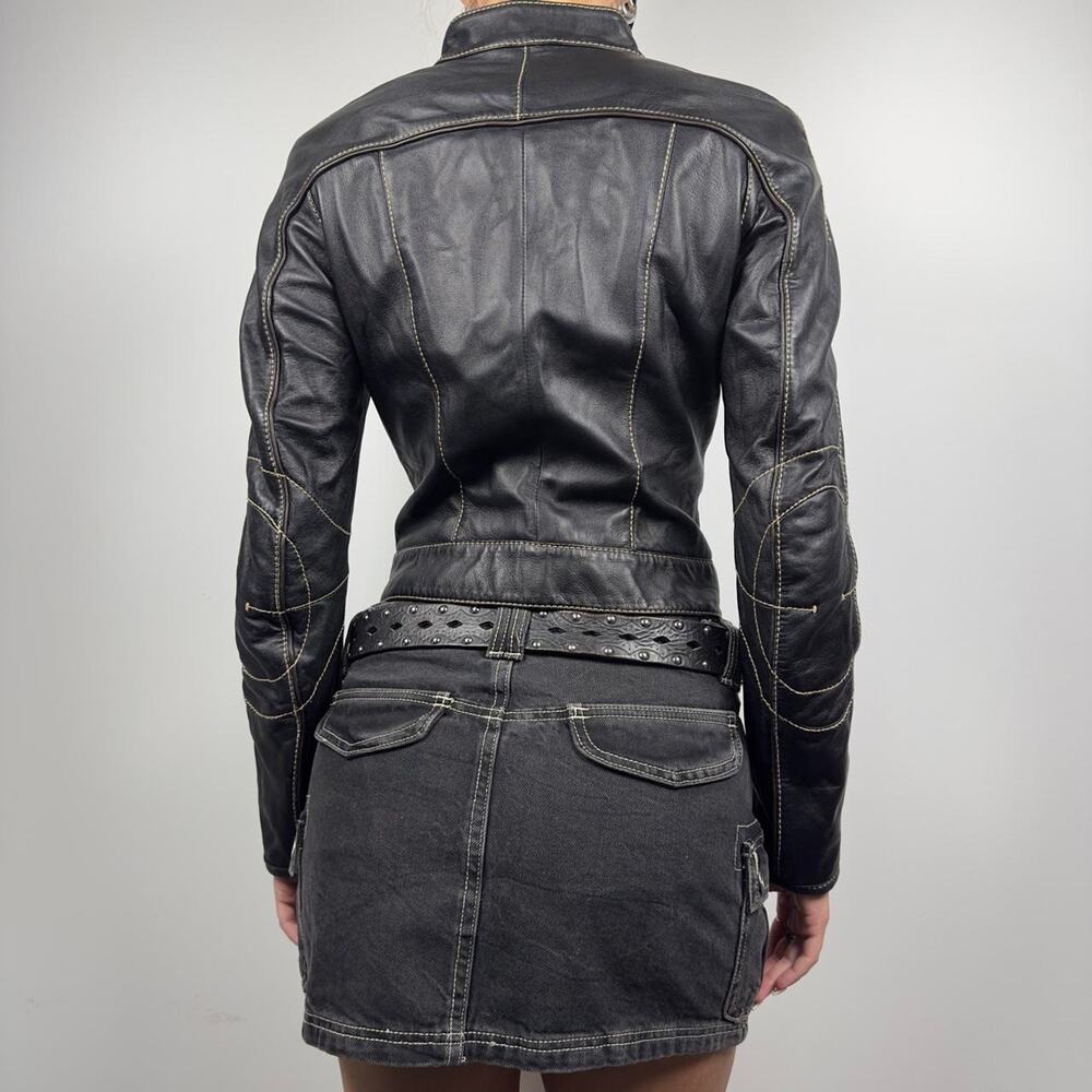 Bebe Y2K Black Leather Moto Jacket Contrast Stitch Biker - Picture 3 of 7